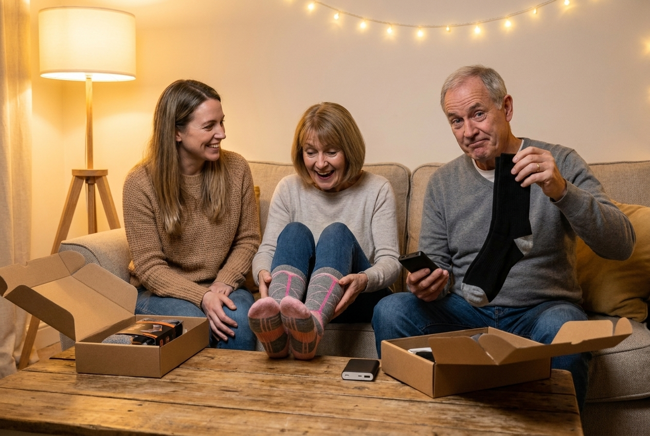 A family opening heated sock gift boxes on the couch, one person already wearing the warm socks