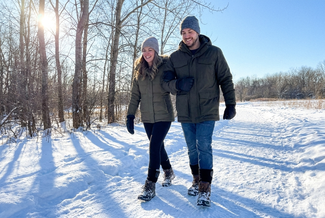 A couple walking arm-in-arm through a sunny winter trail, warm socks keeping the cold out
