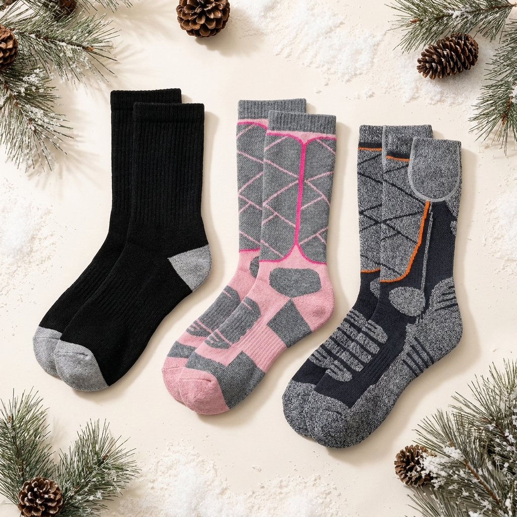 Three pairs of heated socks laid flat: black, pink-gray, and dark gray with battery pocket